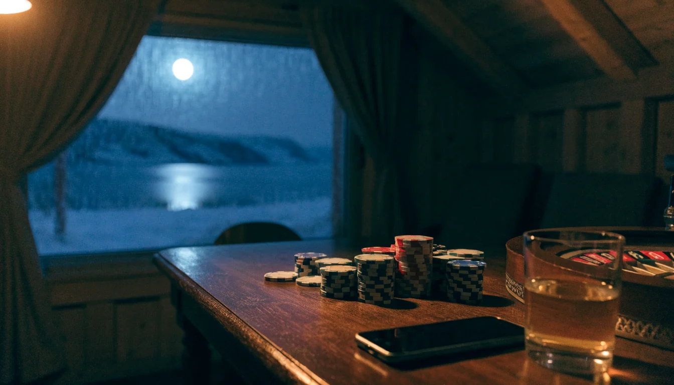 Norsk hytte med casinobrikker og roulettehjul på bordet