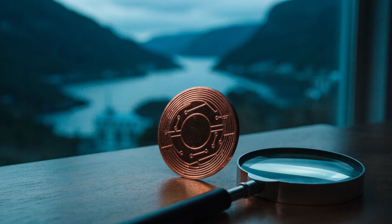 Tron-inspirert mynt med lupe på bord, norsk fjord i bakgrunnen