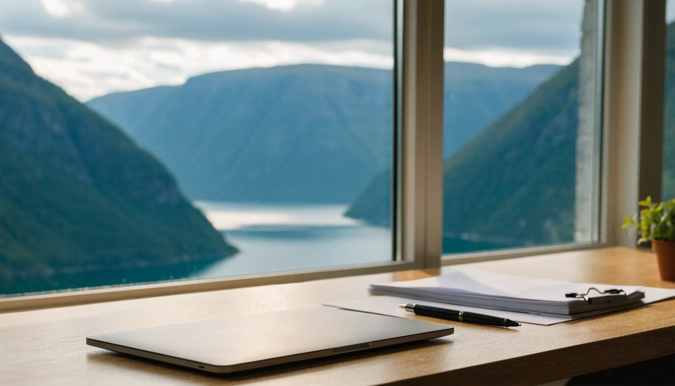 Skrivebord med dokumenter og lukket bærbar PC, norsk fjord sett fra kontorvindu