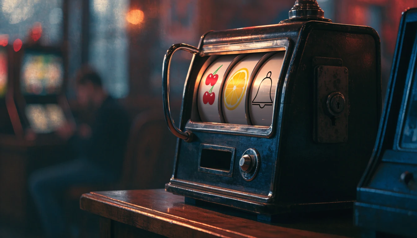 Klassisk trehjuls spilleautomat med fruktsymboler i en koselig retro-arkade