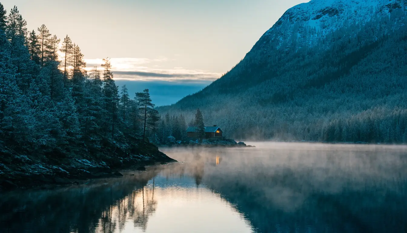 Stille norsk fjord ved daggry med tåke og en hytte i det fjerne